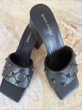 Marc Fisher Gasella Black Studded Woven Mule Heels 7.5